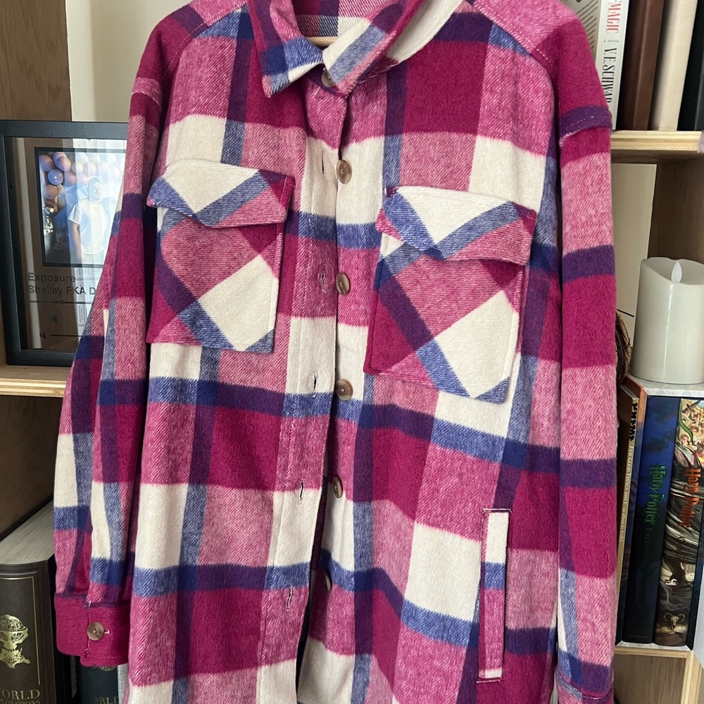 Plaid Button-Up Shacket in Pink and Purple/blue